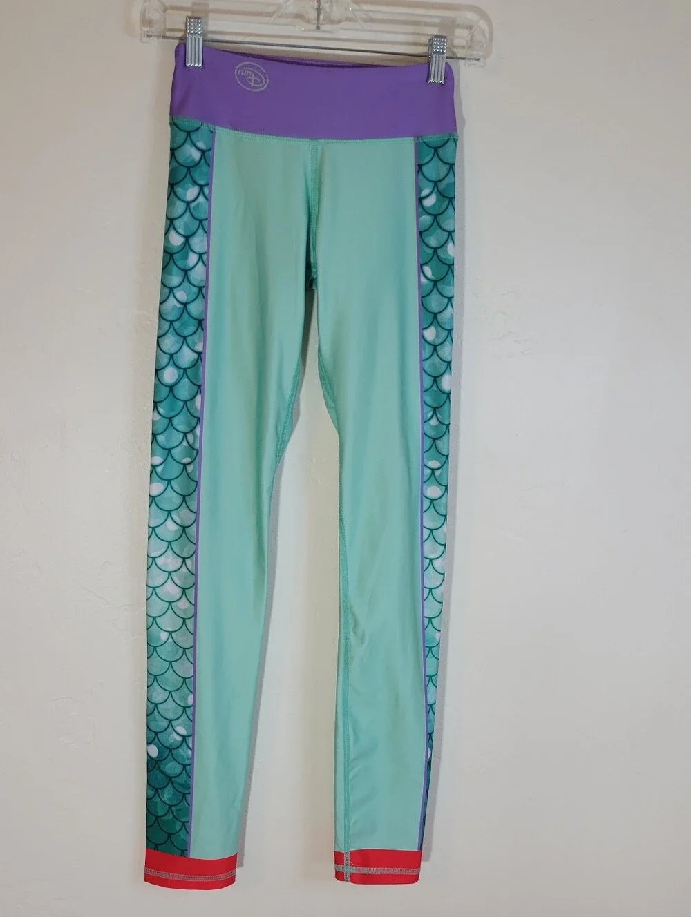 Disney Run Women S Mint Green Mermaid-Print Swim Leggings with Purple Waistband - Picture 1 of 8